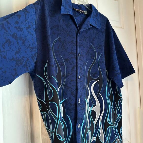 Vintage Sapphire Lounge Blue Flame Tribal Button Up Collared Shirt Men’s Size L - Picture 3 of 7
